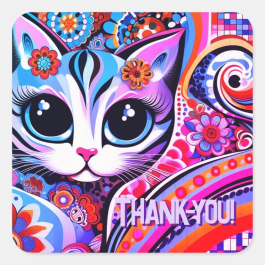 Mexicaanse Volkskunst Abstracte Kitty Cat Verjaard Vierkante Sticker (Voorkant)