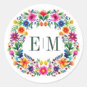 Mexicaanse volkskunst bloemendekor met monogram ronde sticker (Voorkant)