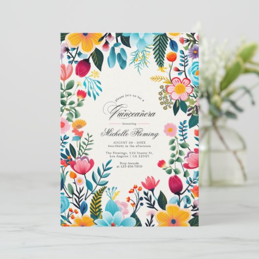 Mexicaanse volkskunst Floral Quinceañera Foto Kaart (Staand voorkant)