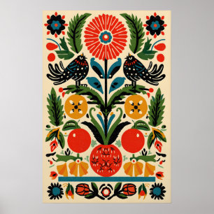 Mexicaanse Volkskunst – Kleurrijke Vogel en Bloemp Poster