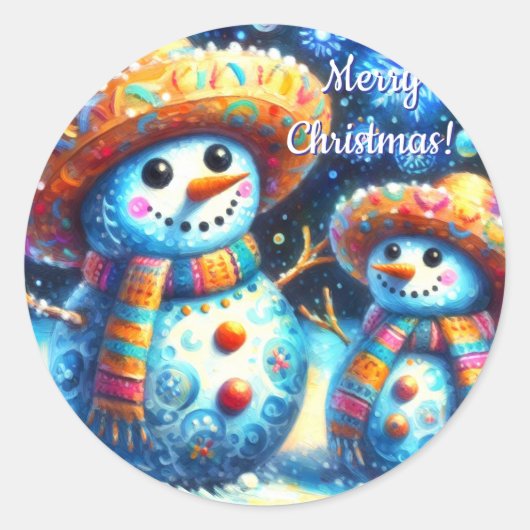 Mexicaanse Volkskunst Sneeuwmannen Sneeuwman Sneeu Ronde Sticker (Voorkant)