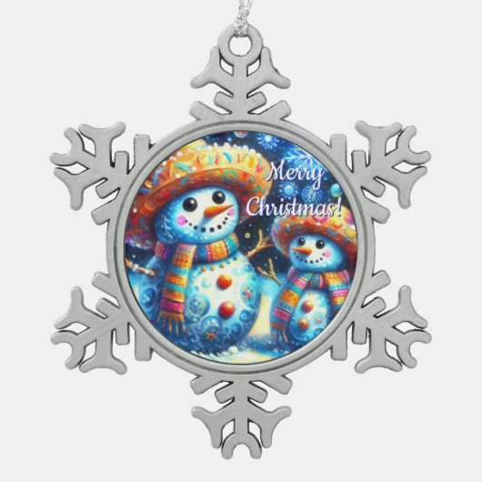 Mexicaanse Volkskunst Sneeuwmannen Sneeuwman Sneeu Tin Sneeuwvlok Ornament (Voorkant)