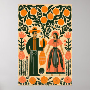Mexicaanse volkskunstprint koppel onder oranjeboom poster