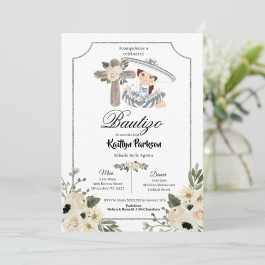 Mexicaanse White Silver Charra Gir Bautizo Invitac Kaart (Staand voorkant)