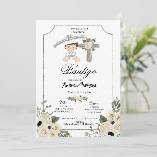 Mexicaanse White Silver Charro Boy Bautizo Invitac Kaart (Staand voorkant)