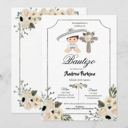 Mexicaanse White Silver Charro Boy Bautizo Invitac Kaart (Voorkant / Achterkant)