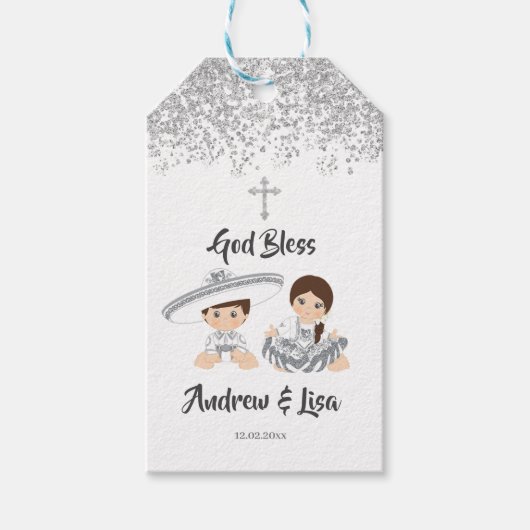 Mexicaanse zilver Charro Baptism Twins Gift Labels Cadeaulabel (Voorkant)