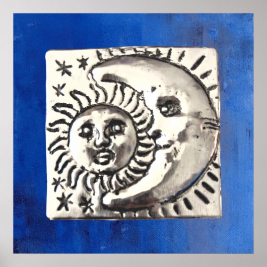  Mexicaanse Zilver Sun & Moon On Blue Poster (Voorkant)