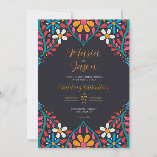 Mexicaanse Zwarte Bloemen Kleurrijke Bloemen Boda  Kaart (Voorkant)