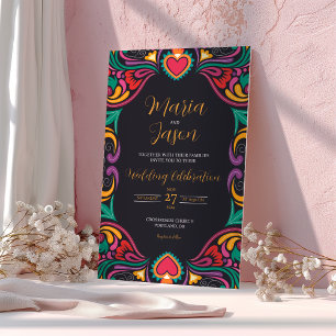Mexicaanse Zwarte Bloemen Kleurrijke Fiesta Boda b Kaart
