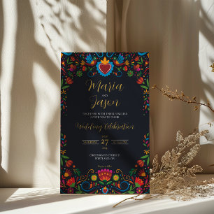 Mexicaanse Zwarte Bloemen Otomi Kleurrijke Fiesta Kaart