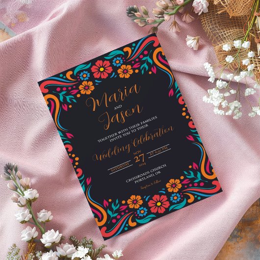 Mexicaanse Zwarte Bloemen Traditionele Folk Art br Kaart