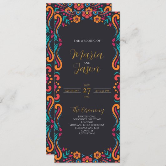 Mexicaanse Zwarte Bloemen Traditionele Folk Art br Programmakaart (Voorkant / Achterkant)