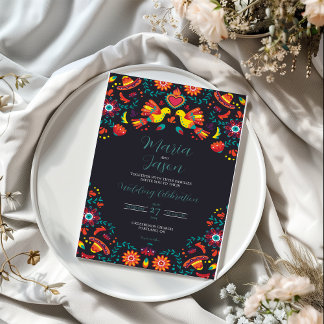 Mexicaanse Zwarte Fiesta Sombrero Folk Art Wedding Kaart