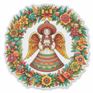Mexican Angel Girl bloemen krans illustratie Sticker