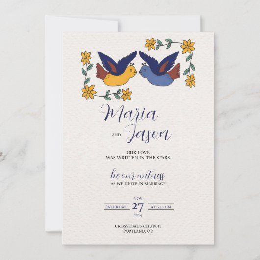 Mexican Birds Floral Blue Yellow Charming Wedding Kaart (Voorkant)
