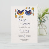 Mexican Birds Floral Blue Yellow Charming Wedding Kaart (Staand voorkant)