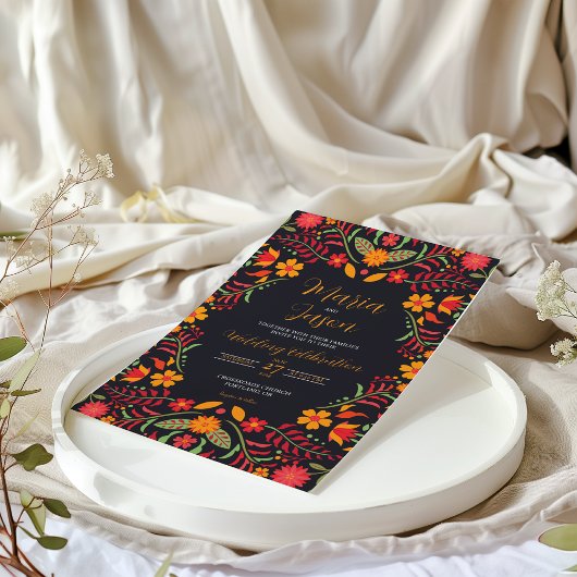 Mexican Black Floral Boda Fiesta Colorful Wedding Kaart