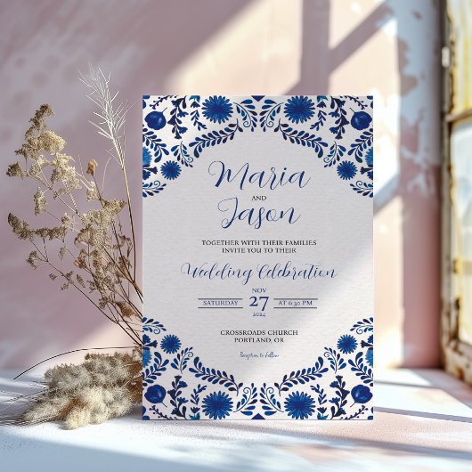 Mexican Blue Floral Aesthetic Botanical Wedding Kaart