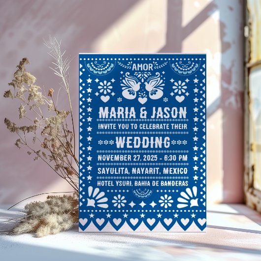 Mexican Blue Papel Picado Fiesta Folk Art Wedding Kaart