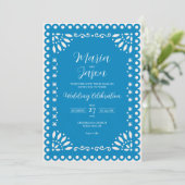 Mexican Blue Papel Picado Traditional Boda Wedding Kaart (Staand voorkant)