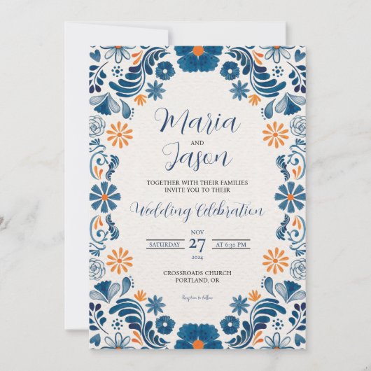 Mexican Blue Sinaasappel Floral Elegant Fiesta Wed Kaart (Voorkant)