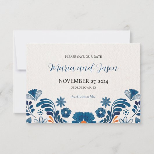 Mexican Blue Sinaasappel Floral Elegant Fiesta Wed Save The Date (Voorkant)