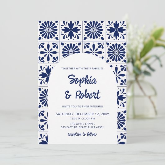 Mexican Blue Talavera Tegels Wedding Kaart (Staand voorkant)