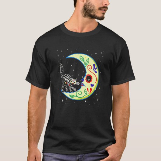 Mexican Day Of The Dead Sugar Skull Moon Cat Kitte T-shirt (Voorkant)