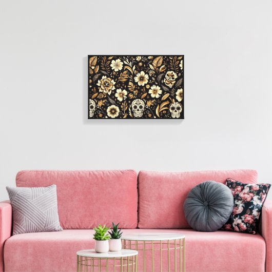 Mexican dead and floral black art canvas afdruk (Insitu (Woonkamer))