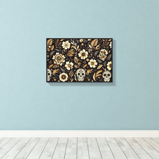 Mexican dead and floral black art canvas afdruk (Insitu (Houten vloer))