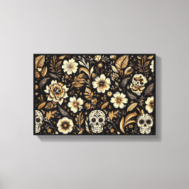 Mexican dead and floral black art canvas afdruk
