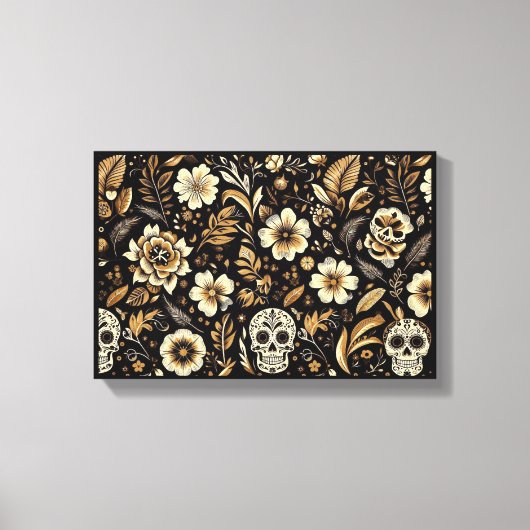 Mexican dead and floral black art canvas afdruk (Voorkant)