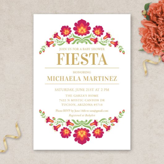 Mexican Fiesta Baby shower Invitation, Red Floral Kaart