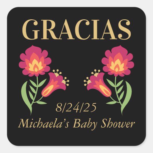 Mexican Fiesta Baby shower Sticker, Rode Bloemen Vierkante Sticker (Voorkant)