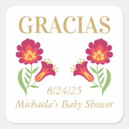 Mexican Fiesta Baby shower Sticker, Rode Bloemen Vierkante Sticker
