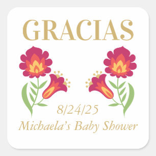 Mexican Fiesta Baby shower Sticker, Rode Bloemen Vierkante Sticker