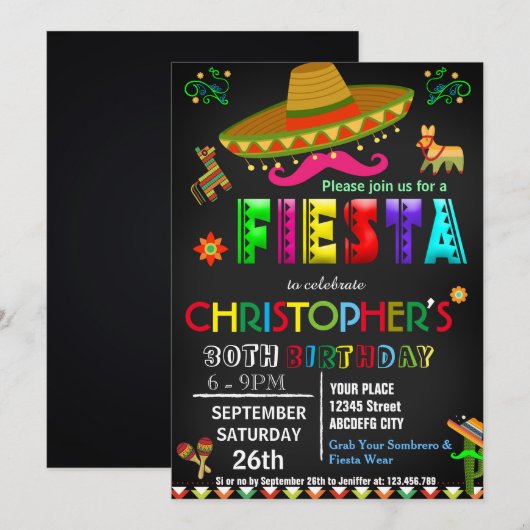 MEXICAN FIESTA BIRTHDAY INVITATIE KAART (Voorkant / Achterkant)