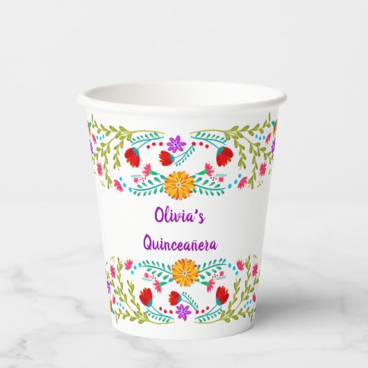 Mexican Fiesta Bloemen Wit en Paarse Papieren Kopj Papieren Bekers (Voorkant)