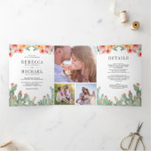 Mexican Fiesta Cactus Floral Photo Collage Wedding Drieluik Uitnodiging (Binnen)