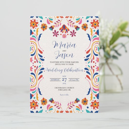 Mexican Fiesta Floral Aesthetic Elegant Wedding Kaart (Staand voorkant)