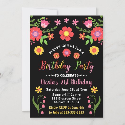 Mexican Fiesta Floral and Black Birthday Party Kaart (Voorkant)