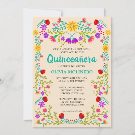 Mexican Fiesta Floral Champagne Quinceanera Kaart (Voorkant)