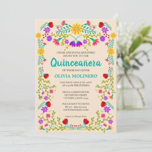 Mexican Fiesta Floral Champagne Quinceanera Kaart (Staand voorkant)