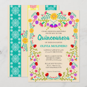 Mexican Fiesta Floral Champagne Quinceanera Kaart