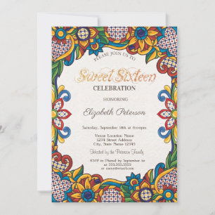 Mexican Fiesta Floral Sweet 16 Kaart