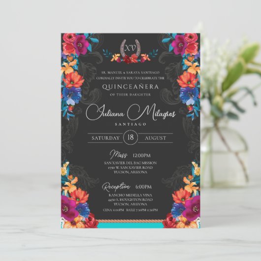 Mexican Fiesta Floral Uw foto toevoegen Quinceaner Kaart (Staand voorkant)