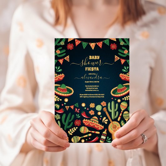 Mexican Fiesta Floral Zwart Kleurrijk Baby shower Kaart