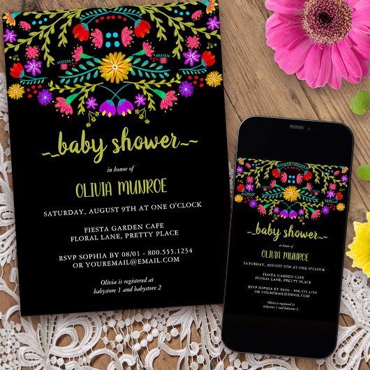Mexican Fiesta Floral Zwart Kleurrijk Baby shower Kaart