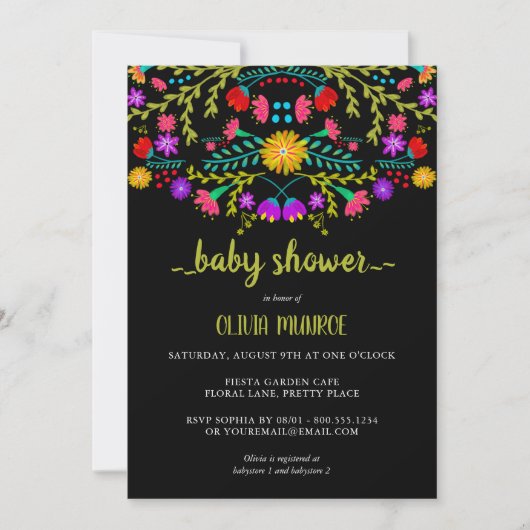 Mexican Fiesta Floral Zwart Kleurrijk Baby shower Kaart (Voorkant)